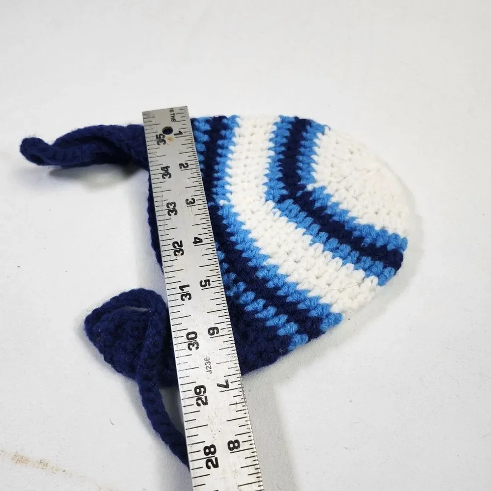 Knitted Baby Hat & Booties Set Blue White Stripes Newborn Soft & Warm Handmade A